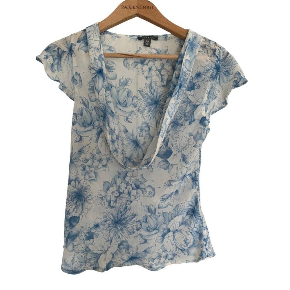 Apt 9. White Blue Floral Scoop Neck Y2K Blouse Top Women's PM Fairycore